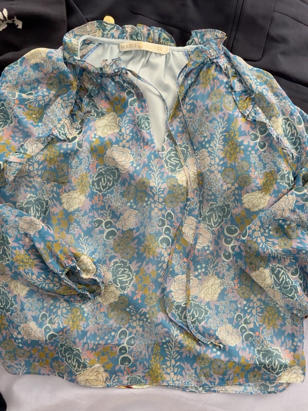 Marie Oliver Blue Floral Tie-Neck Poet Blouse